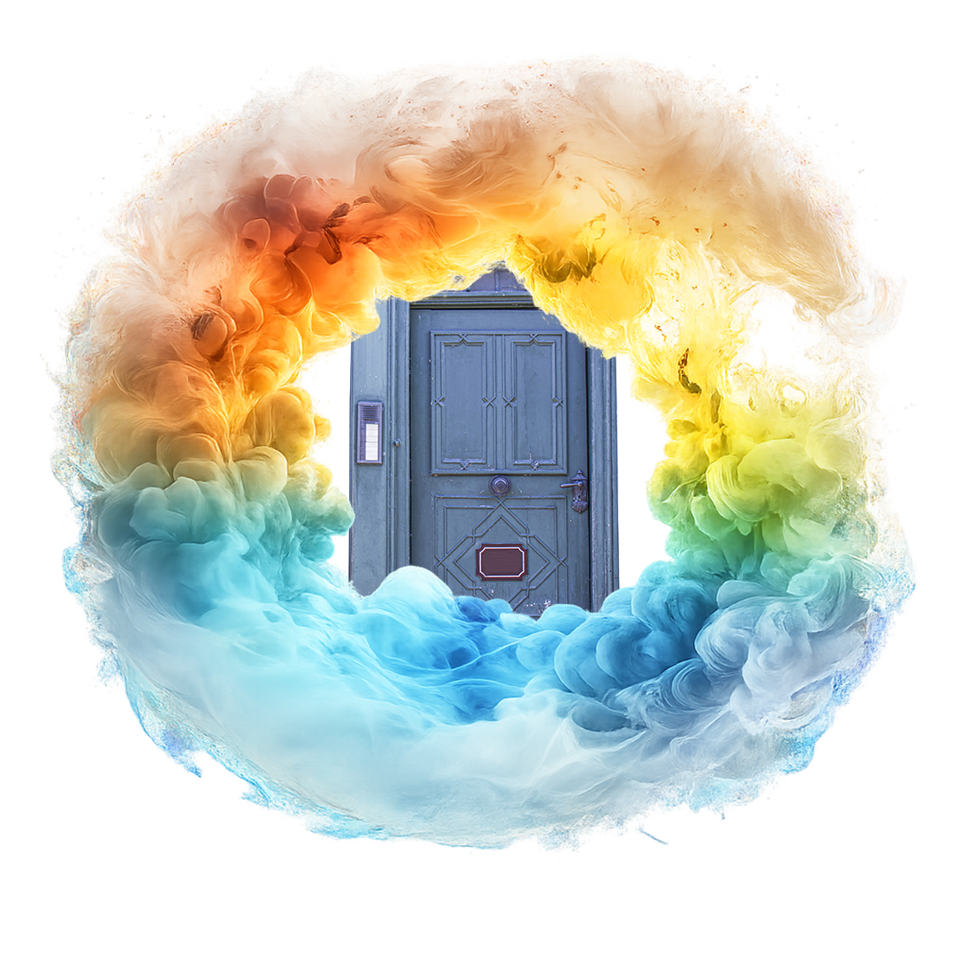 Portals concept shown by a colourful cloud around a painted blue door